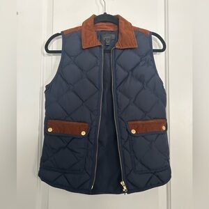 J. Crew Navy Quilted Vest with Brown Corduroy Trim